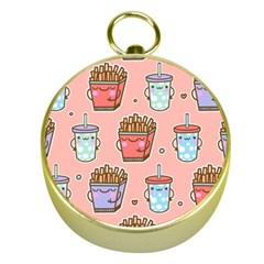 Cute Kawaii Food Seamless Pattern Gold Compasses