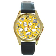 Pattern With Basketball Apple Paint Back School Illustration Round Gold Metal Watch by Nexatart