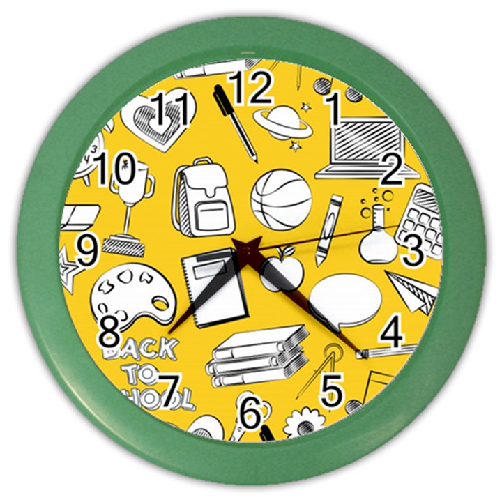 Pattern With Basketball Apple Paint Back School Illustration Color Wall Clock