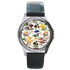 Mushroom Seamless Pattern Round Metal Watch by Nexatart