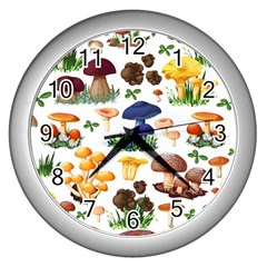 Mushroom Seamless Pattern Wall Clock (silver) by Nexatart