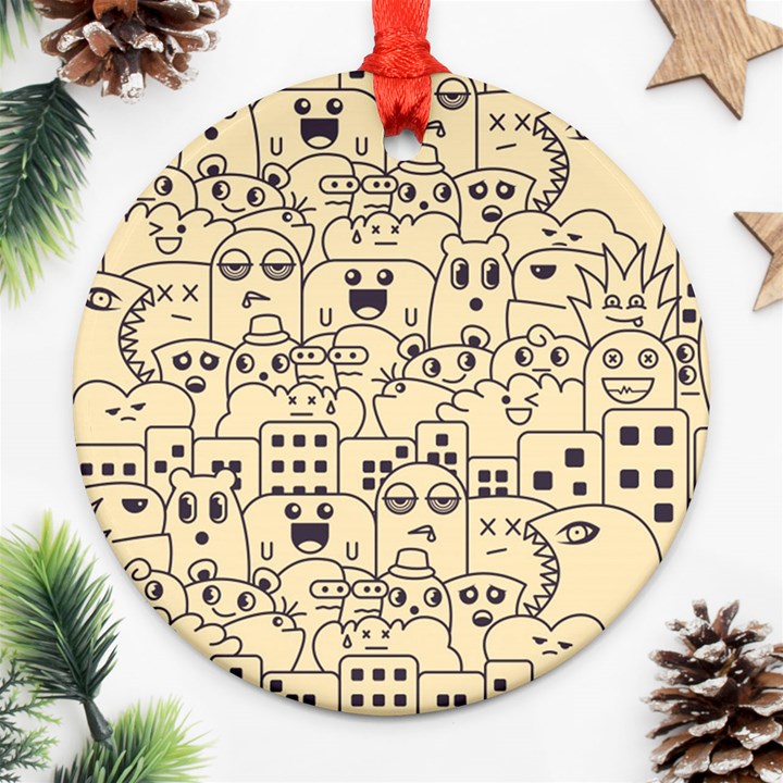 Seamless Pattern With Cute Monster Doodle Ornament (Round)