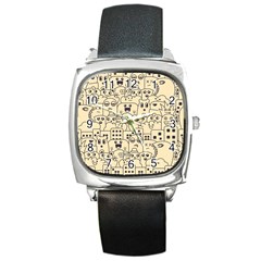 Seamless Pattern With Cute Monster Doodle Square Metal Watch