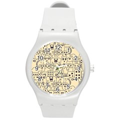 Seamless Pattern With Cute Monster Doodle Round Plastic Sport Watch (M)