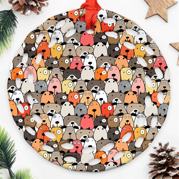 Cute Dog Seamless Pattern Background Ornament (Round Filigree)