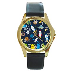 Big Set Cute Astronauts Space Planets Stars Aliens Rockets Ufo Constellations Satellite Moon Rover V Round Gold Metal Watch by Nexatart