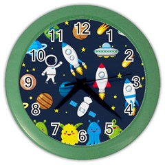 Big Set Cute Astronauts Space Planets Stars Aliens Rockets Ufo Constellations Satellite Moon Rover V Color Wall Clock by Nexatart