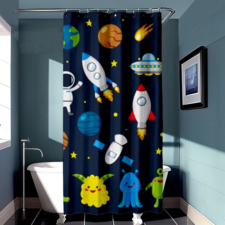 Big Set Cute Astronauts Space Planets Stars Aliens Rockets Ufo Constellations Satellite Moon Rover V Shower Curtain 36  x 72  (Stall) 