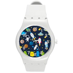 Big Set Cute Astronauts Space Planets Stars Aliens Rockets Ufo Constellations Satellite Moon Rover V Round Plastic Sport Watch (m) by Nexatart