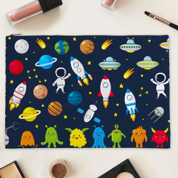 Big Set Cute Astronauts Space Planets Stars Aliens Rockets Ufo Constellations Satellite Moon Rover V Cosmetic Bag (XXL)