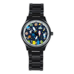 Big Set Cute Astronauts Space Planets Stars Aliens Rockets Ufo Constellations Satellite Moon Rover V Stainless Steel Round Watch