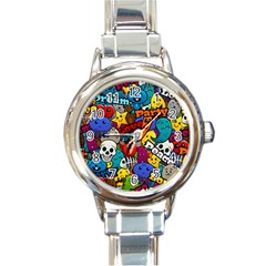 Graffiti Characters Seamless Pattern Round Italian Charm Watch by Nexatart