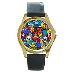 Graffiti Characters Seamless Pattern Round Gold Metal Watch by Nexatart