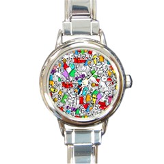 Graffiti Characters Seamless Pattern Round Italian Charm Watch by Nexatart