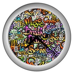 Graffiti Word Seamless Pattern Wall Clock (silver) by Nexatart