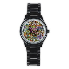 Graffiti Word Seamless Pattern Stainless Steel Round Watch by Nexatart