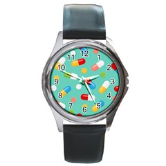 Pills Medicines Seamless Pattern Blue Background Round Metal Watch