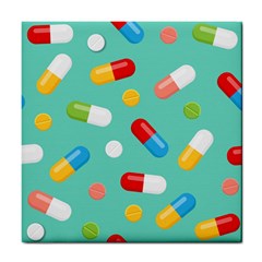 Pills Medicines Seamless Pattern Blue Background Tile Coaster