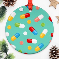 Pills Medicines Seamless Pattern Blue Background Ornament (Round)