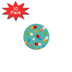 Pills Medicines Seamless Pattern Blue Background 1  Mini Buttons (10 Pack)  by Nexatart