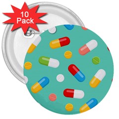 Pills Medicines Seamless Pattern Blue Background 3  Buttons (10 Pack)  by Nexatart