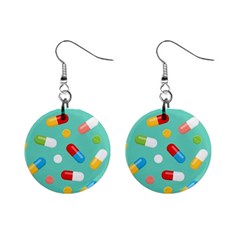 Pills Medicines Seamless Pattern Blue Background Mini Button Earrings