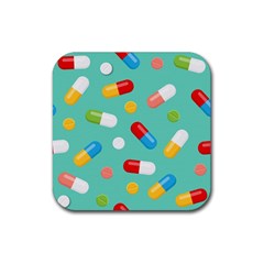 Pills Medicines Seamless Pattern Blue Background Rubber Coaster (Square) 