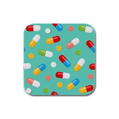 Pills Medicines Seamless Pattern Blue Background Rubber Square Coaster (4 pack) 