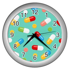 Pills Medicines Seamless Pattern Blue Background Wall Clock (Silver)