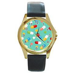 Pills Medicines Seamless Pattern Blue Background Round Gold Metal Watch