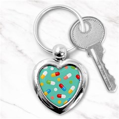 Pills Medicines Seamless Pattern Blue Background Key Chain (Heart)