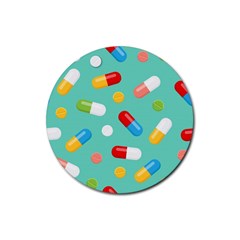 Pills Medicines Seamless Pattern Blue Background Rubber Coaster (Round) 