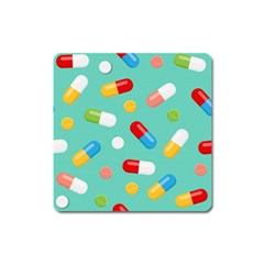 Pills Medicines Seamless Pattern Blue Background Square Magnet