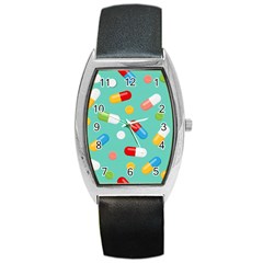 Pills Medicines Seamless Pattern Blue Background Barrel Style Metal Watch