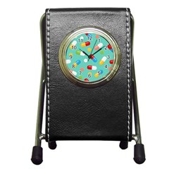 Pills Medicines Seamless Pattern Blue Background Pen Holder Desk Clock