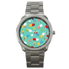 Pills Medicines Seamless Pattern Blue Background Sport Metal Watch