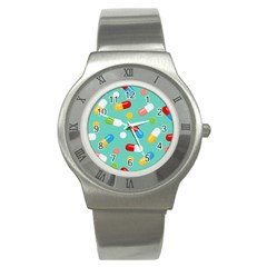 Pills Medicines Seamless Pattern Blue Background Stainless Steel Watch