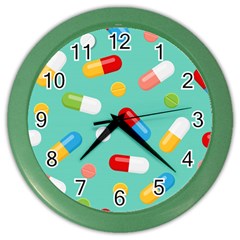 Pills Medicines Seamless Pattern Blue Background Color Wall Clock by Nexatart