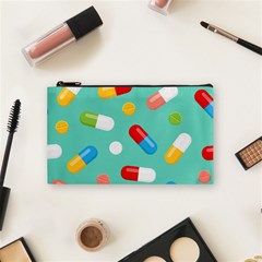 Pills Medicines Seamless Pattern Blue Background Cosmetic Bag (Small)