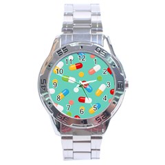 Pills Medicines Seamless Pattern Blue Background Stainless Steel Analogue Watch