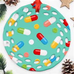 Pills Medicines Seamless Pattern Blue Background Ornament (round Filigree)