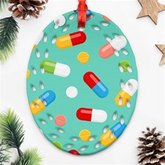 Pills Medicines Seamless Pattern Blue Background Oval Filigree Ornament (two Sides)