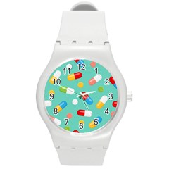 Pills Medicines Seamless Pattern Blue Background Round Plastic Sport Watch (M)