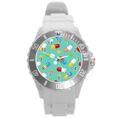 Pills Medicines Seamless Pattern Blue Background Round Plastic Sport Watch (L)