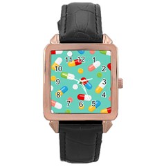 Pills Medicines Seamless Pattern Blue Background Rose Gold Leather Watch 