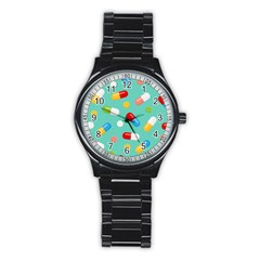 Pills Medicines Seamless Pattern Blue Background Stainless Steel Round Watch