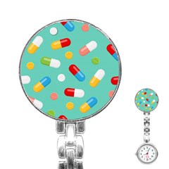 Pills Medicines Seamless Pattern Blue Background Stainless Steel Nurses Watch