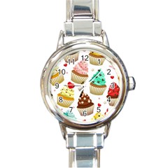 Seamless Pattern Yummy Colored Cupcakes Round Italian Charm Watch by Nexatart