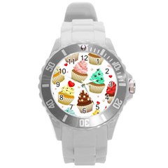 Seamless Pattern Yummy Colored Cupcakes Round Plastic Sport Watch (l) by Nexatart