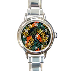 Fashionable Seamless Tropical Pattern With Bright Green Blue Plants Leaves Round Italian Charm Watch by Nexatart